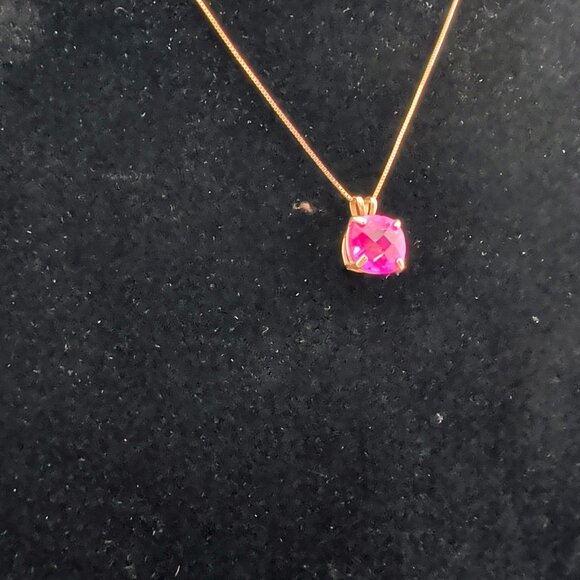14K Gold Box Chain Necklace With Lab-Created Cushion-Cut Pink Sapphire Pendant - Picture 10 of 13